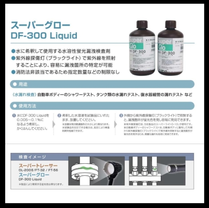 Super Glow DF-300 ชนิดน้ำMarktech Super Glow Fluorescent Leak Inspection Agent DF-300 ชนิดน้ำ 1 ลิตรx6 ขวด C003-0034003(สินค้าพรีออเดอร์ใช้เวลาจัดส่ง 25-30 วัน)